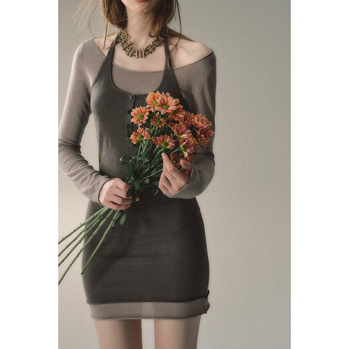 Via Pitti Color Blocked Halterneck Knit Dress Grey - Mores Studio