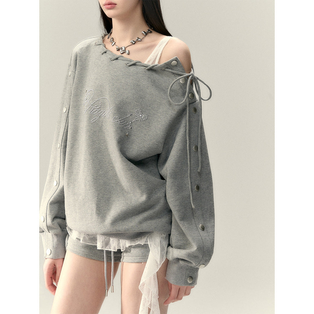 Via Pitti Nail Button Off-Shoulder Loose Sweat Top Gray