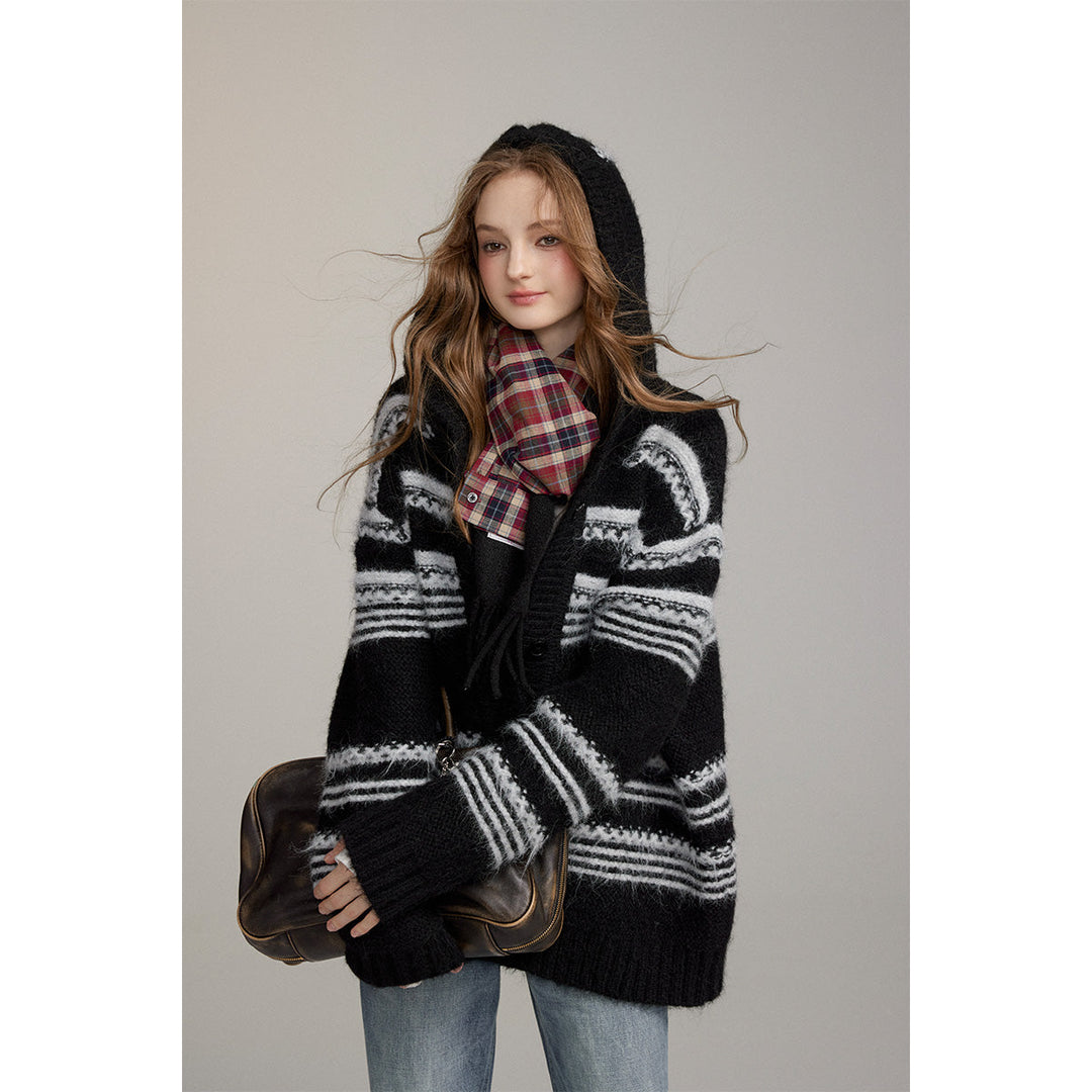 Via Pitti Striped Hooded Woolen Thicken Cardigan Black