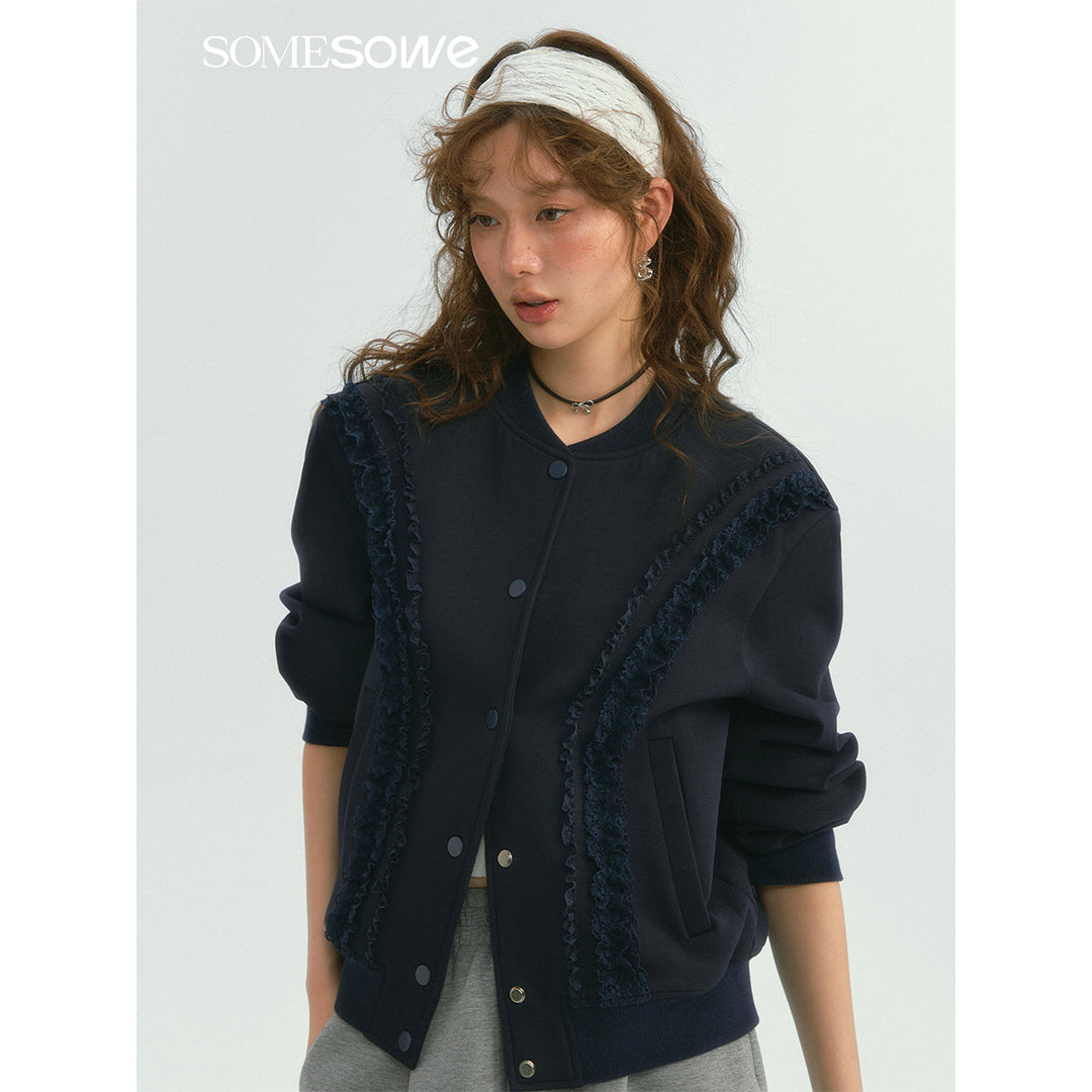 SomeSowe Lace Edge Casual Baseball Jacket Navy Blue