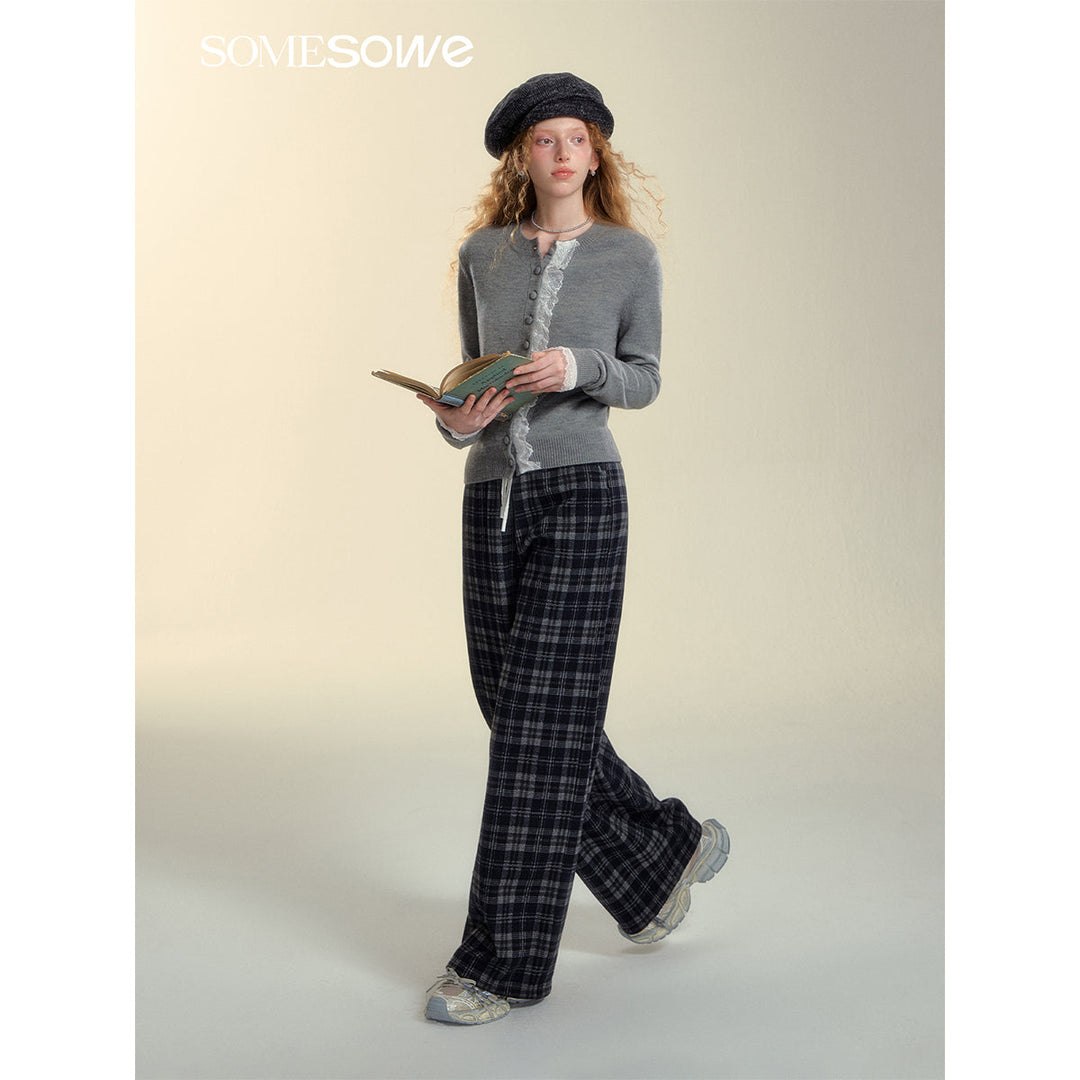 SomeSowe Lace Edge Plaid Casual Pants Black