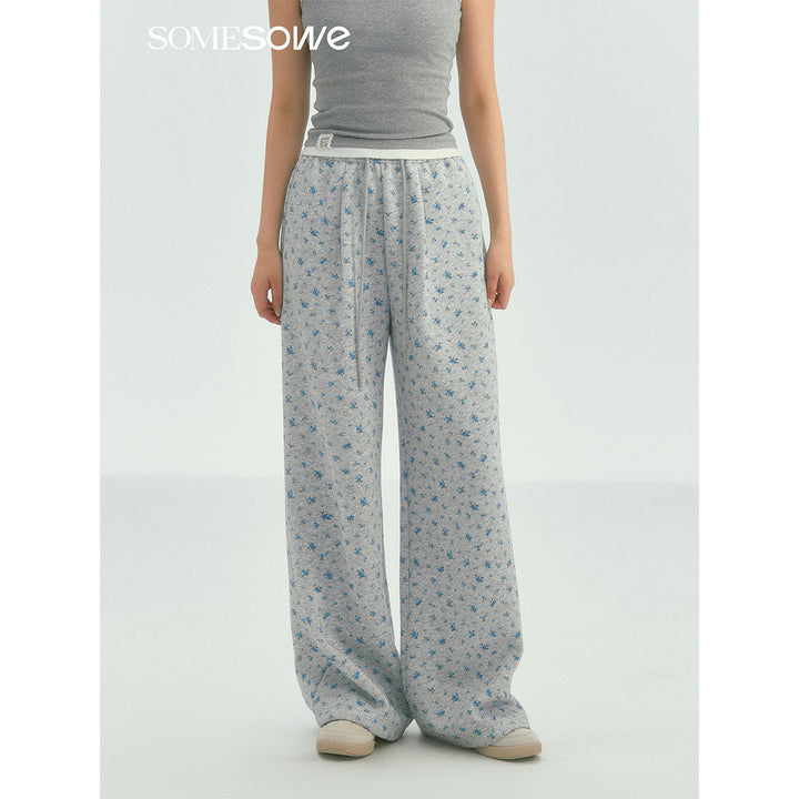 SomeSowe Drawstring Floral Casual Sweatpants Gray