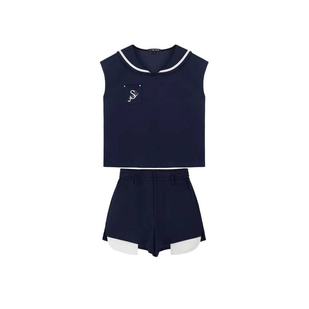 SomeSowe Color Blocked Sailor Collar Top & Shorts Set Navy - Mores Studio