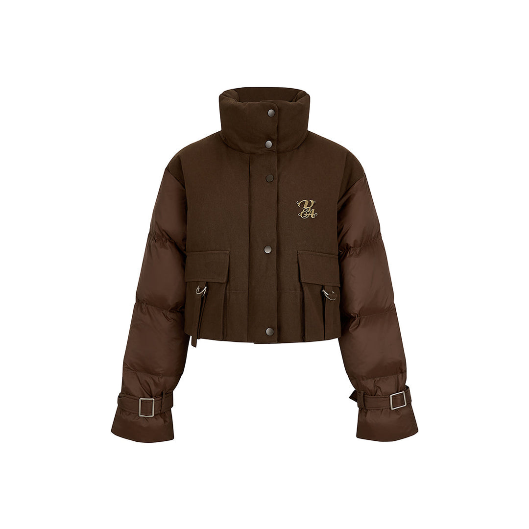 Via Pitti Color Blocked Cargo Down Jacket Brown - Mores Studio