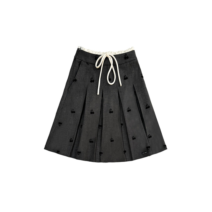 AsGony Color Blocked Cherry Drawstring Pleated Skirt