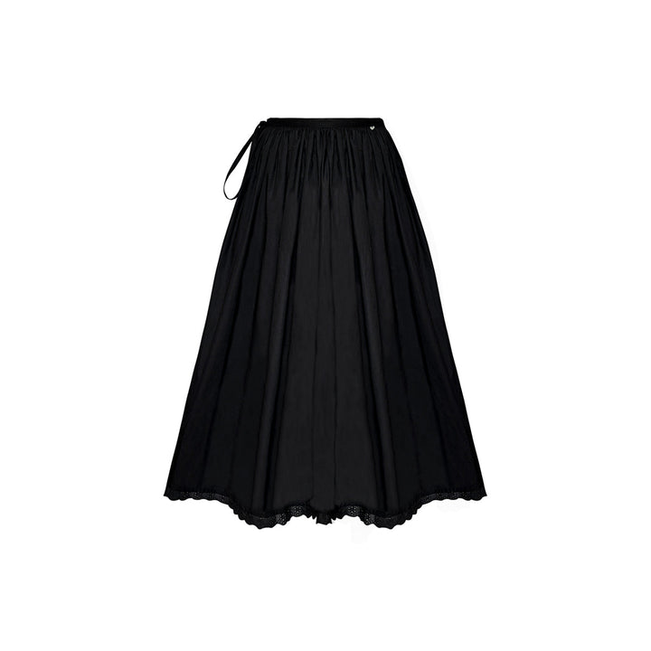 AsGony Lace Patchwork Drawstring Long Skirt Black