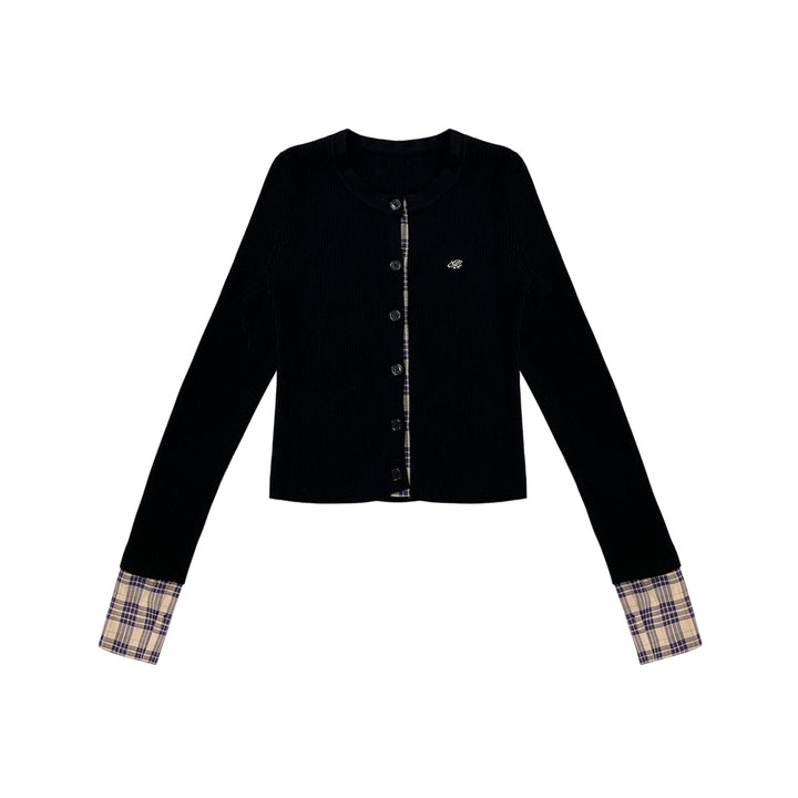 AsGony Retro Plaid Patchwork Slim Knit Cardigan Black