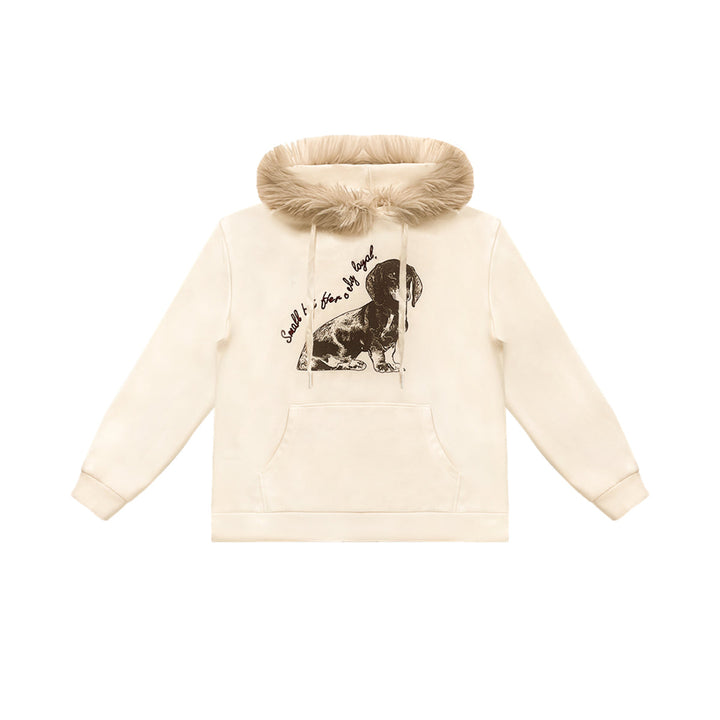 AsGony Puppy Printed Fur Collar Fleece-Lined Hoodie