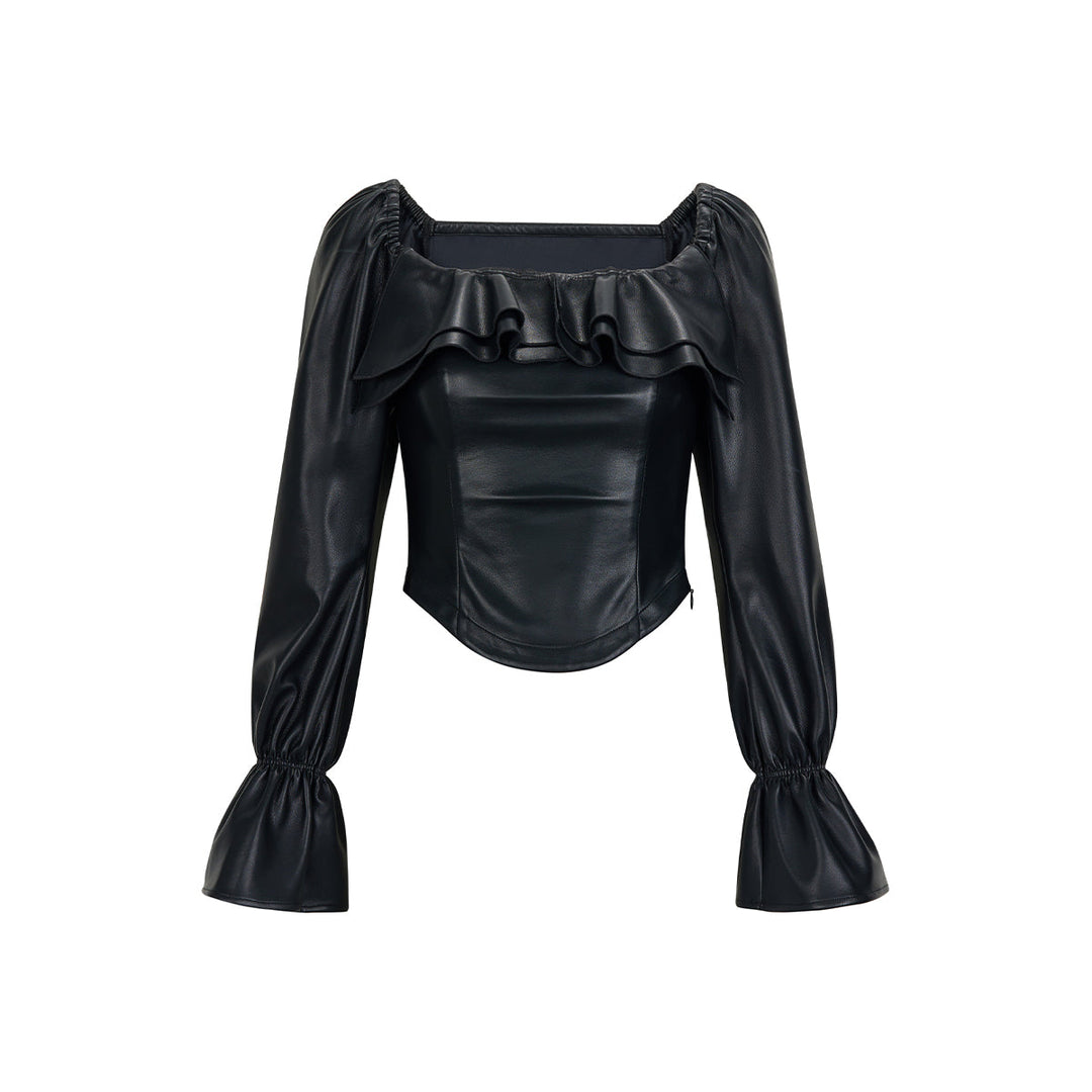 Via Pitti Falbala Collar Puff Sleeve Leather Top Black - Mores Studio