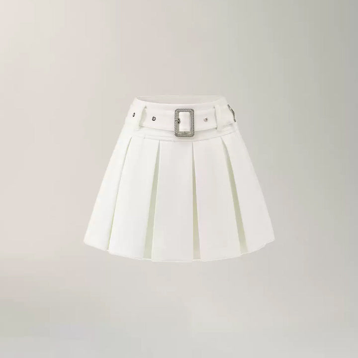 MacyMccoy High-Waist Belt A-Line Pleated Skirt White